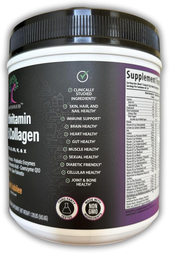 Multi Collagen Multivitamin for Women+Men, Keto, Skin, Joint, Cognitive, Heart, Sensual, & Immune Health, Hydrolyzed Peptides, Antioxidants, Probiotics, No Sugar, 30 Fruit Powder Servings