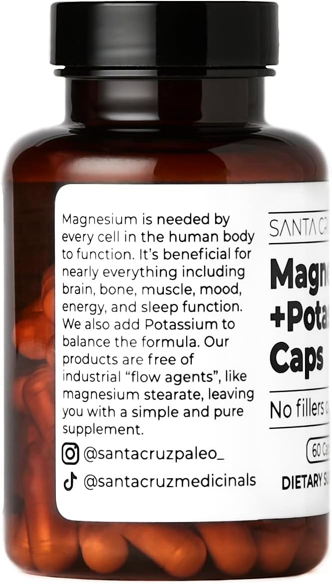 Santa Cruz Paleo Magnesium Potassium Capsules, Magnesium Glycinate and Potassium Citrate, Gluten Free, Keto, Sugar Free, Paleo, for Overall Health, Brain, Muscle, Bone and Energy Support, 60 Capsules