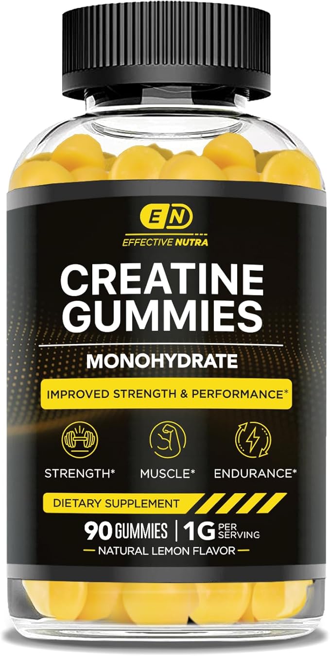 Creatine Monohydrate Gummies | 1g Per Gummy | Vegan Creatine Gummies Supplement for Men & Women | Strength, Muscle Growth, Energy, Endurance | Natural Lemon Flavor, Made in USA (90ct)