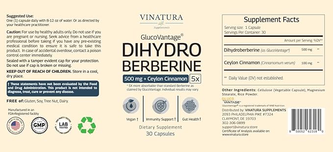 Dihydroberberine Supplement 500mg with Ceylon Cinnamon - (Patented GlucoVantage Super Berberine), Maybe Berberine 5X More absorbable - 30 Capsules
