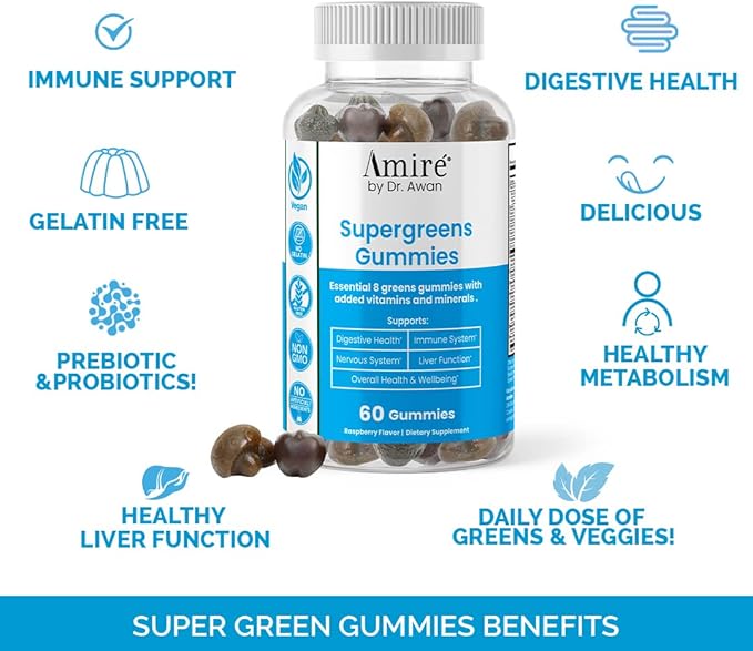 by Dr. Awan Super Greens Gummies, Fruits & Veggies Supplement, Green Superfood for Immunity, Metabolism, Liver Function & Nervous System, Essential 8 Greens, 240ct, 4-Months Supply