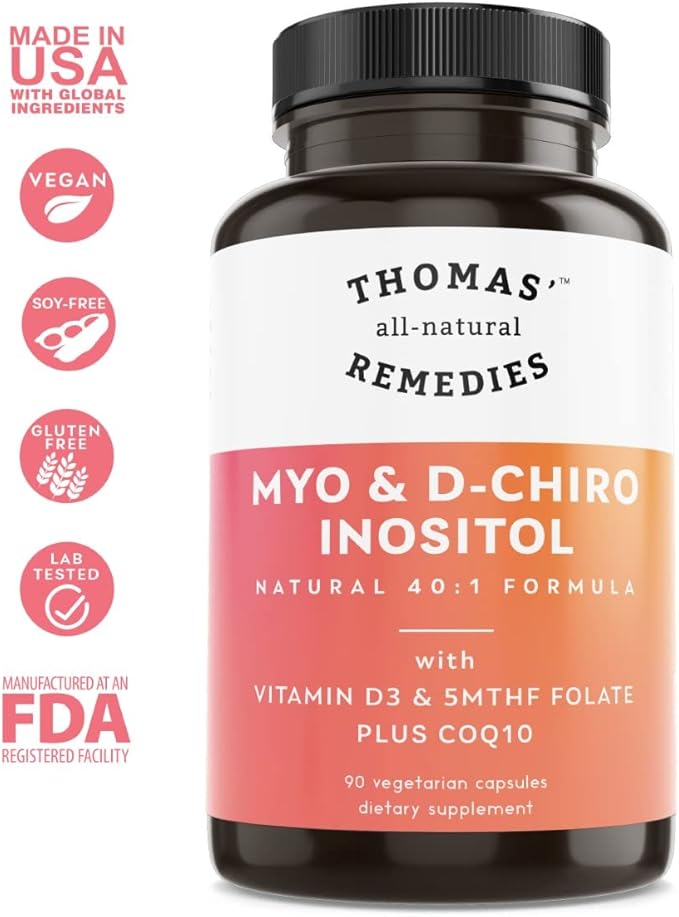 Thomas' all-natural Remedies Myo Inositol Supplement & D-Chiro Inositol Blend Supplement with Folate and Vitamin D3, 40 to 1 Ratio, Non-GMO, No Fillers, CoQ10, 90 Vegan Capsules