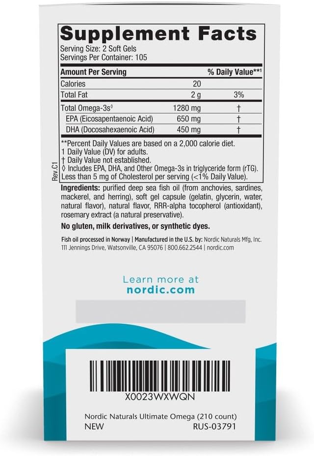 Nordic Naturals Ultimate Omega, Lemon Flavor - 210 Soft Gels - 1280 mg Omega-3 - High-Potency Fish Oil with EPA & DHA - Promotes Brain & Heart Health - Non-GMO - 105 Servings