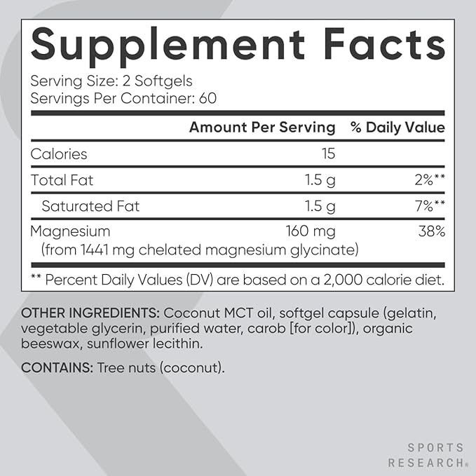 Sports Research® Magnesium Glycinate - Suports Restful Sleep & Enzymatic Processes - 160 mg Chelated Magnesium - Liquid Softgel - 120 Count