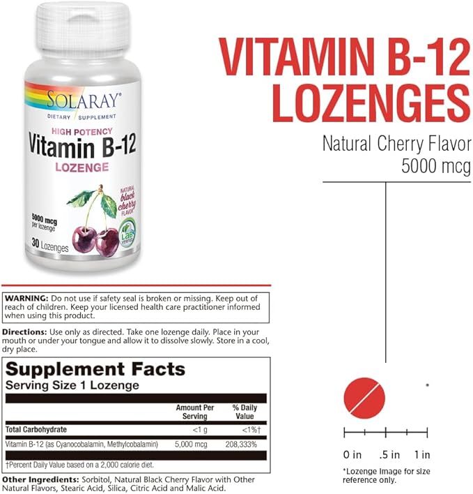SOLARAY Vitamin B-12 5000mcg Lozenges | Natural Cherry Flavor | Healthy Energy & Nerve Function Support | 30ct