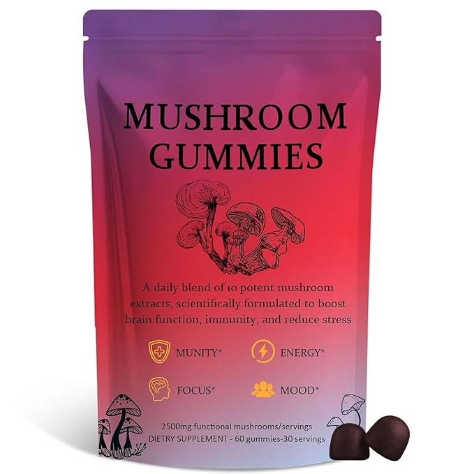Sky Nutrition Mushroom Gummies, 12 in 1 Mushroom Blend with Lions Mane, Turkey Tail, Organic Reishi, Cordyceps, Immune Support & Energy Boost, Mushroom Supplement for Adults, Non-GMO, 60 Gummies