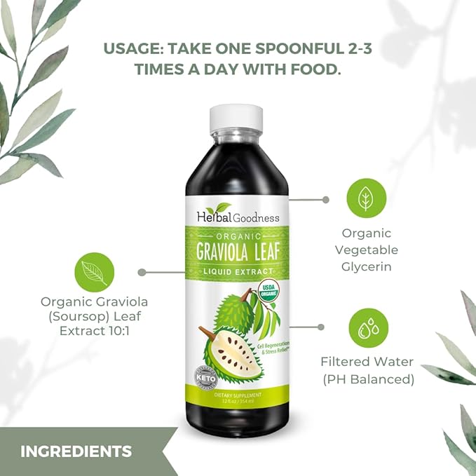 Herbal Goodness Soursop Graviola Leaf Extract 15X Strength – Organic Soursop Bitters Liquid Drop for Cell Support, Regeneration, Relax, Immune Boost, Stress Relief, Liver & Sleep Support, 12oz