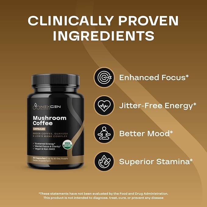 100% Organic Mushroom Coffee Capsules - Natural Energy Supplement with 130mg Caffeine from Clinically Proven Patented Green Coffee Bean & Guayusa Extracts for Jitter-Free Energy & Focus (30 Servings)