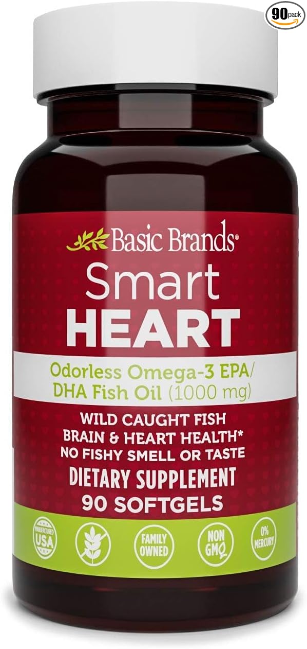 Smart Heart Odorless Omega-3 Fish Oil, Burp-Less, No Fishy Smell, 1000 mg, 90 Count