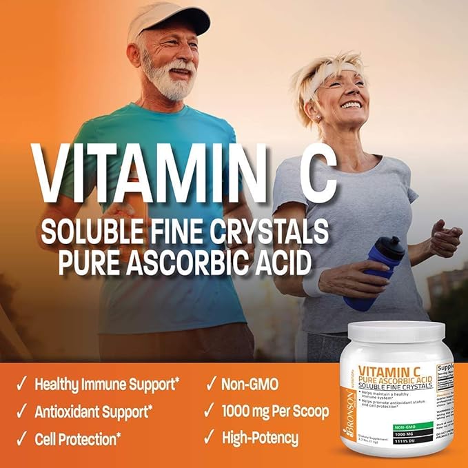 Bronson Marine Collagen Peptides Hydrolyzed Protein Powder 100% Wild Caught Nordic Cod Vitamin C Powder Pure Ascorbic Acid Soluble Fine Non GMO Crystals