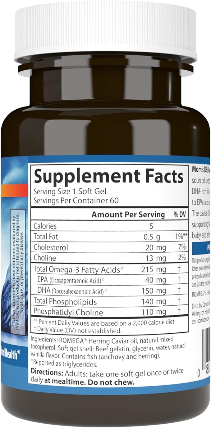 Carlson - Mom's DHA with Choline, 3:1 DHA to EPA Ratio Found in Breastmilk, Growth and Development, 60 Softgels