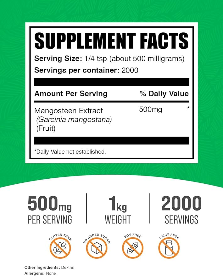 BulkSupplements.com Mangosteen Extract Powder - Superfood Supplement, from Mangosteen Fruit, Mangosteen Powder - Gluten Free, 500mg per Serving, 1kg (2.2 lbs) (Pack of 1)
