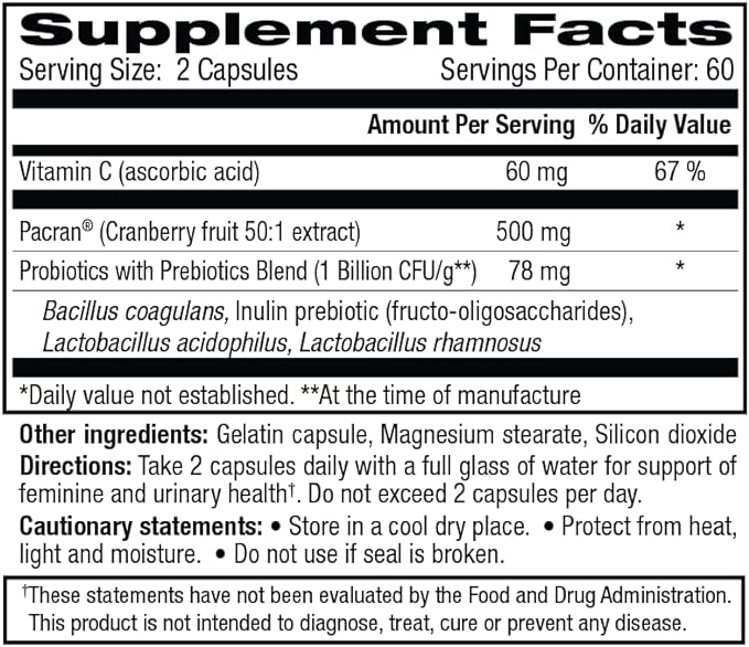 vH essentials Probiotics with Prebiotics and Cranberry Feminine Health Supplement - 120 Capsules