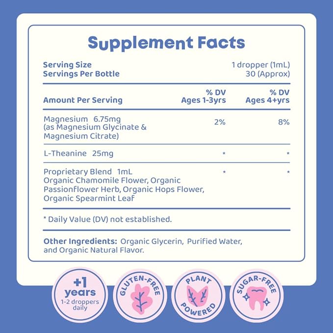 JoySpring Magnesium Citrate & Glycinate Liquid for Kids - Sugar Gluten Free Magnesium for Kids & Teens | L-Theanine & Chamomile Liquid Blend Supplement (1 fl oz) 30 Servings