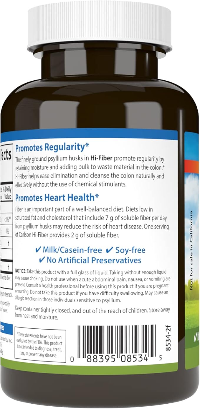 Carlson - Hi-Fiber, 3 g, Psyllium Husk Capsules, Regularity, Colon Health & Heart Function, 100 Capsules