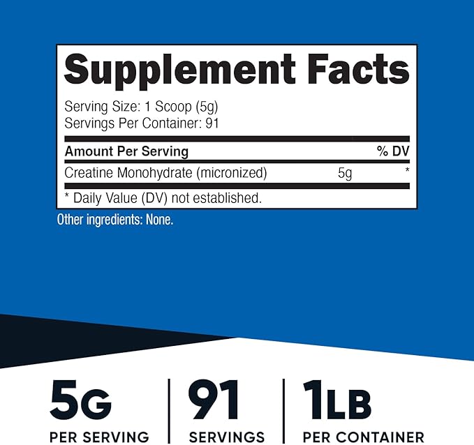 Nutricost Creatine Monohydrate Micronized Powder 1 LB (454 Grams), 5000mg Per Serv (5g) - Micronized Creatine Monohydrate
