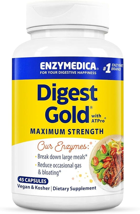 Enzymedica Digest Gold + ATPro, Maximum Strength Digestive Enzymes, Helps Digest Large Meals for Instant Bloating Relief, 45 Count