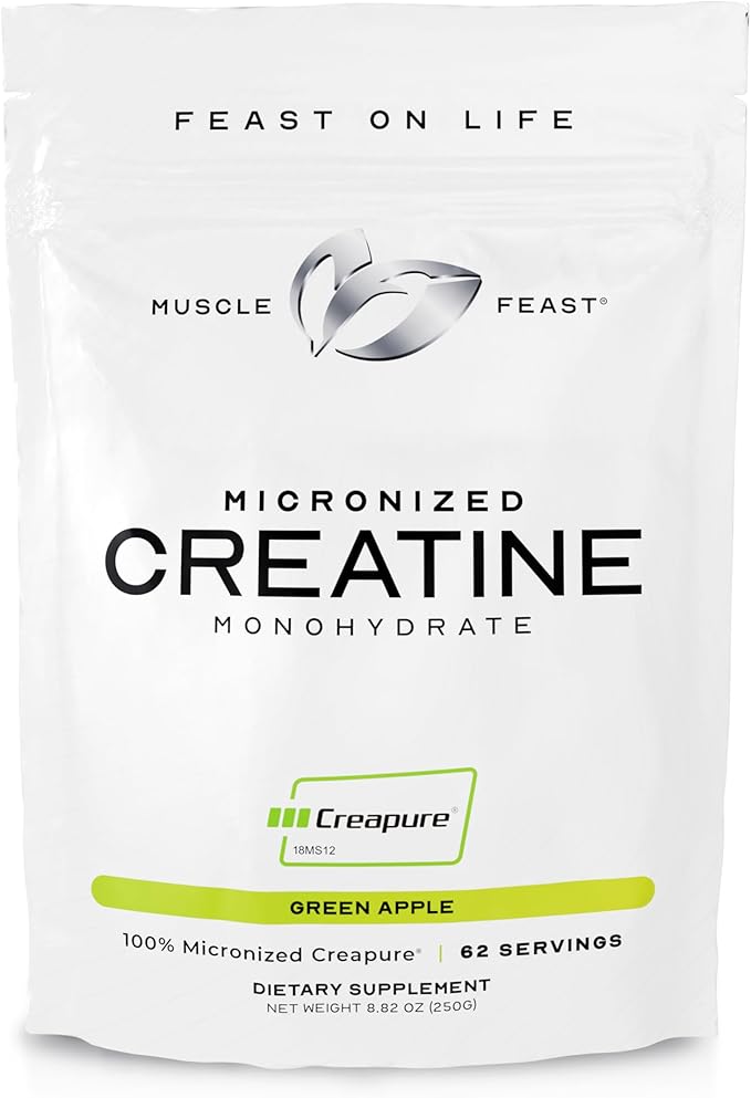 Muscle Feast Creapure Micro - Micronized Creatine Monohydrate Powder | Premium Pre-Workout or Post-Workout | Easy to Mix, Gluten-Free, Safe and Pure (Green Apple, 250g)