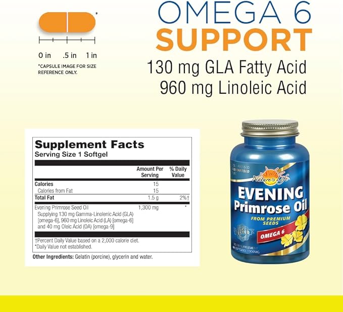 Nature's Life Evening Primrose Oil 1300 mg | PMS and Menopause Balance Support for Women | Skin Health | 60ct