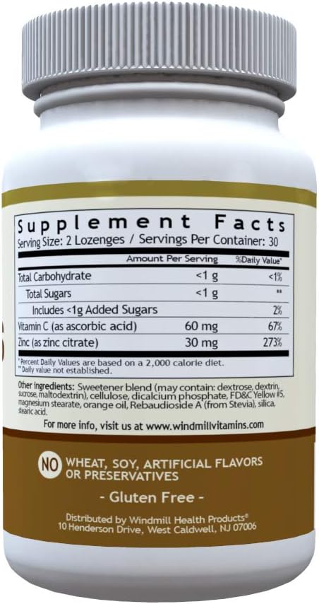 Windmill Health Natural Vitamins Zinc Lozenges with Vitamin C Honey Lemon Flavor, Immune System Support, Provides Antioxidant Support, Delicious & Fast Acting, 60 Lozenges, 30 Servings.