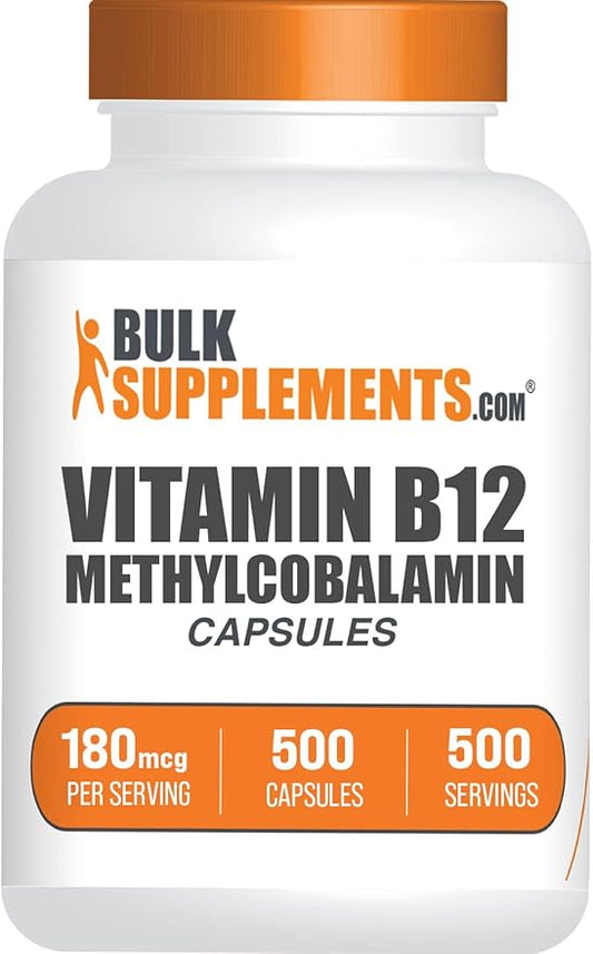 BulkSupplements.com Vitamin B12 Methylcobalamin Capsules - B12 Vitamin Supplement, B12 180mcg, for Energy Support - Gluten Free, 1 Capsule per Serving, 500 Capsules (Pack of 1)