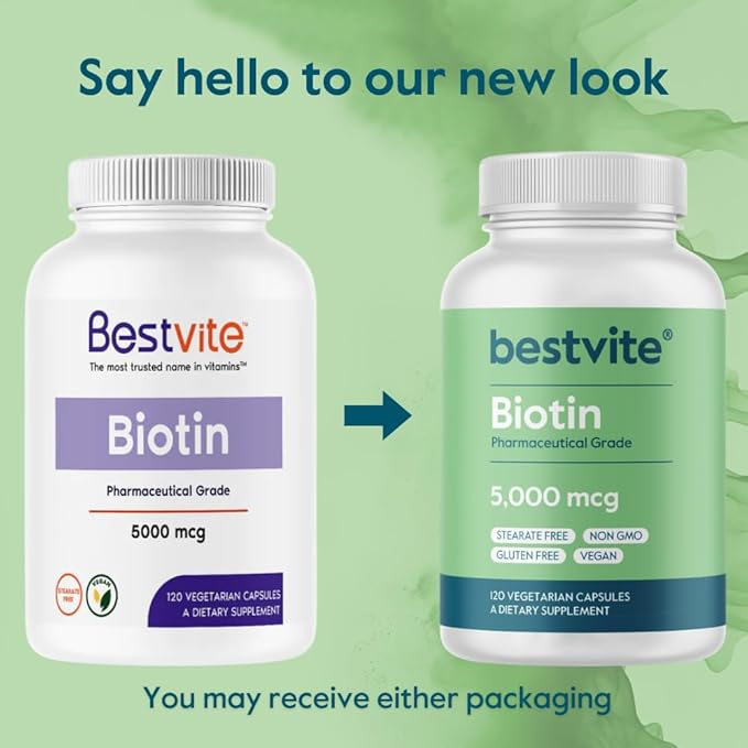 BESTVITE Biotin 5000mcg (240 Vegetarian Capsules) (120 x 2) - No Stearates - No Flow Agents - Vegan - Non GMO - Gluten Free - Hair, Skin, Nails