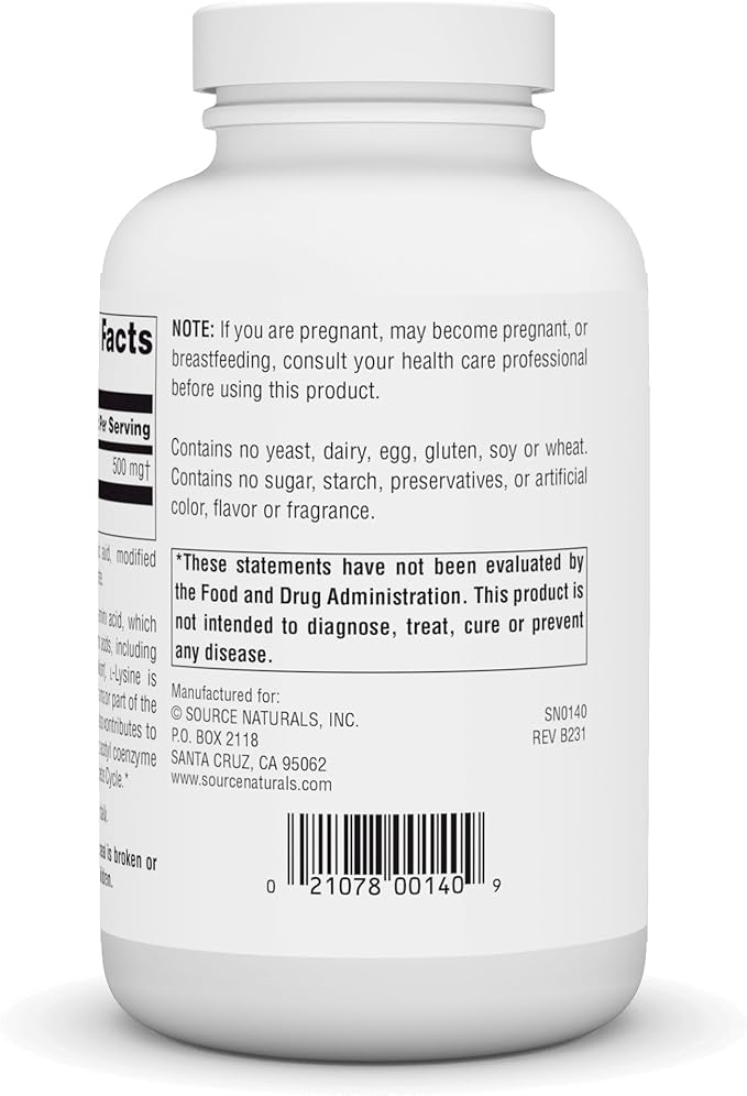 Source Naturals L-Lysine 500 mg Free Form - Amino Acid Supplement Supports Energy Formation & Collagen - 250 Tablets