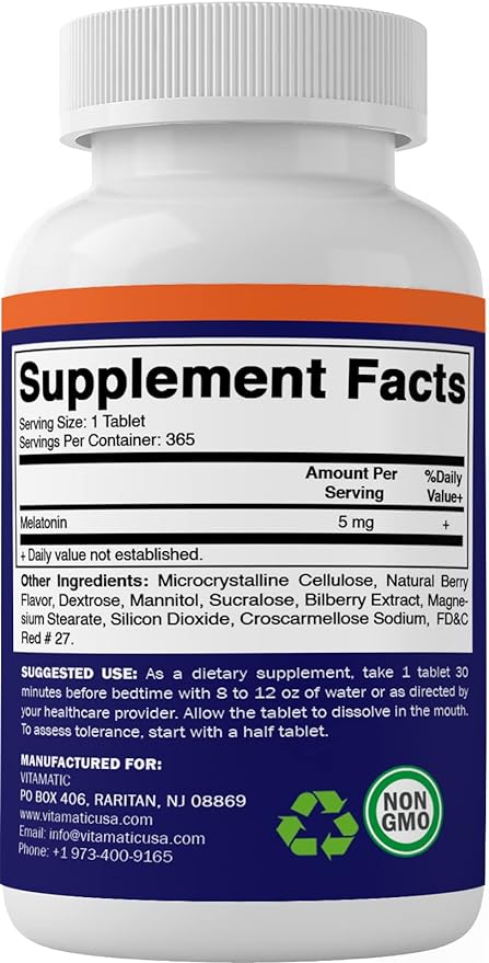 Vitamatic Melatonin 5 mg Tablets | Vegetarian, Non-GMO, Gluten Free | 1 Year Supply | Natural Berry Flavor - 365 Tablets