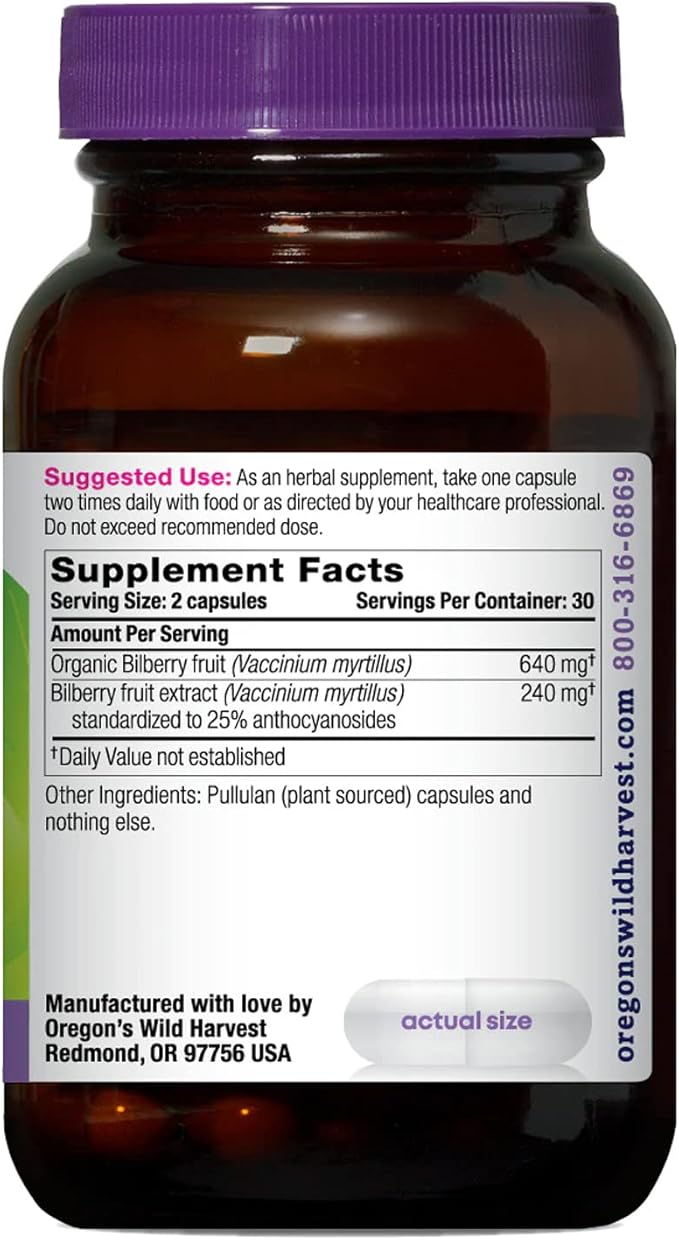 Oregon's Wild Harvest Bilberry Herbal Supplement Vegan Capsules, 880 mg, 60 Count