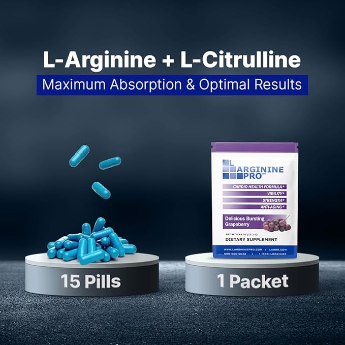 L-ARGININE PRO Supplement Powder | 60 Packets Single Serve Travel Size | 5,500mg of L-arginine Plus 1,100mg L-Citrulline, Grape