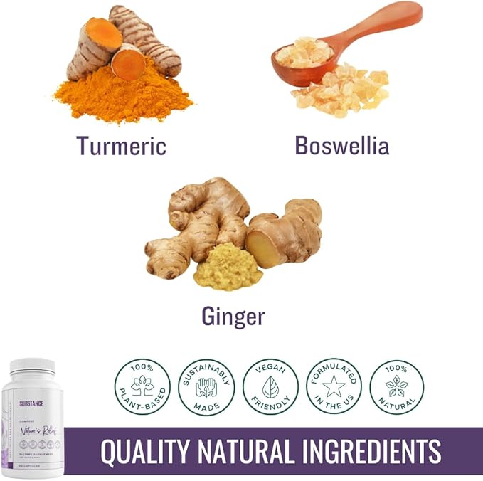 Nature’s Relief | Improve Body, Muscle & Joint Aches | Turmeric Curcumin, Boswellia & Ginger Supplement | Ease Discomfort & Increase Mobility | Non-GMO (30 Servings)