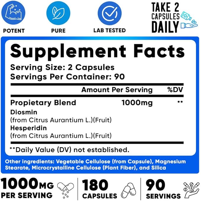 We Like Vitamins Diosmin Hesperidin 1000mg – 180 Capsules – 90 Day Supply - Diosmin and Hesperidin Supplement – Helps to Support Healthy Circulation, Veins, Capillaries, and Lymphatic Drainage