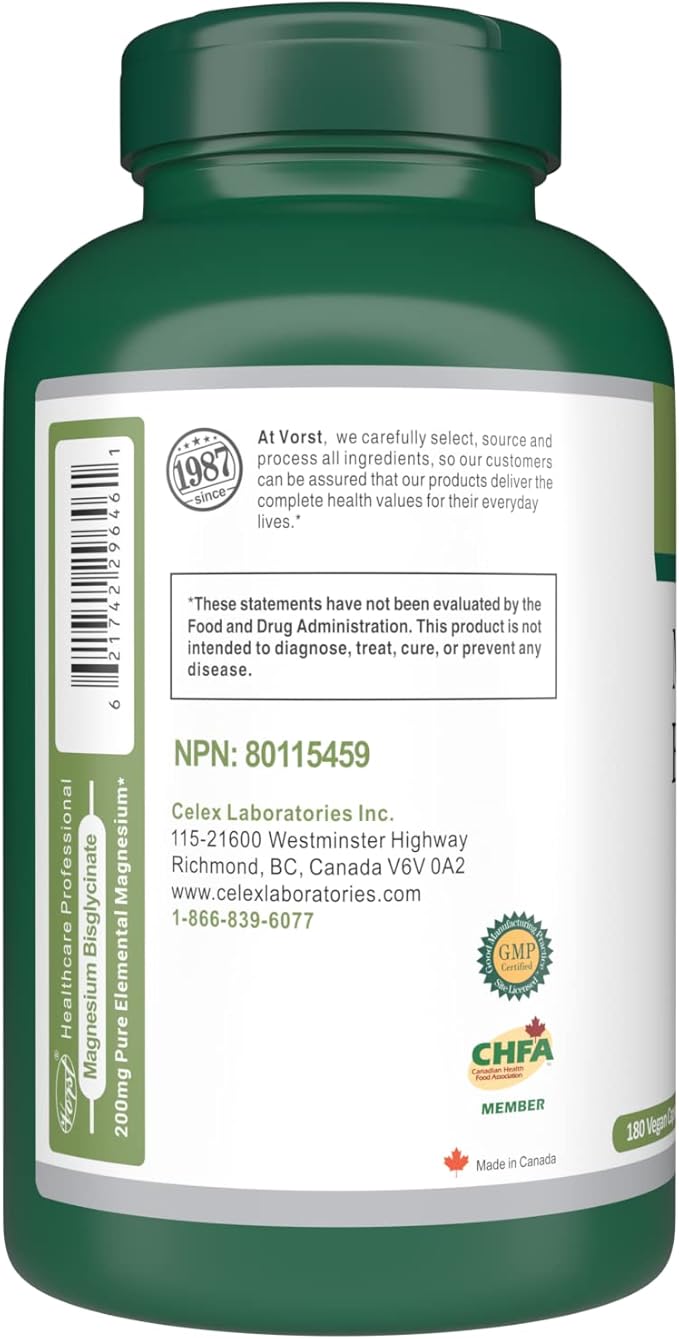 VORST Magnesium Bisglycinate 200mg 180 Vegan Capsules
