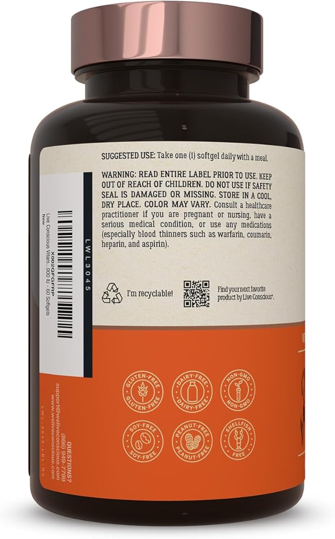Live Conscious Vitamin K2 MK7 with D3 Supplement | Bone & Heart Health Support - Patented Vitamin K & Vitamin D3 5000 IU - 60 Softgels
