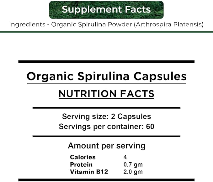 USDA Organic Spirulina Capsules - 100% Pure Vegan Supplement, Non-GMO, Gluten-Free, Chemical-Free, (240)
