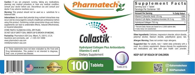 Hydrolyzed Collagen and Vitamins C and E for Women. Skin and Nails Health, Premium Formula Collagen Plus Antioxidants Supplement, 100 Tablets, Collastik