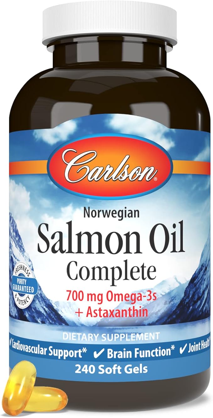 Carlson - Salmon Oil Complete, 700 mg Omega-3s + Astaxanthin, Cardiovascular Support, Brain Function & Joint Health, Norwegian, 240 Softgels