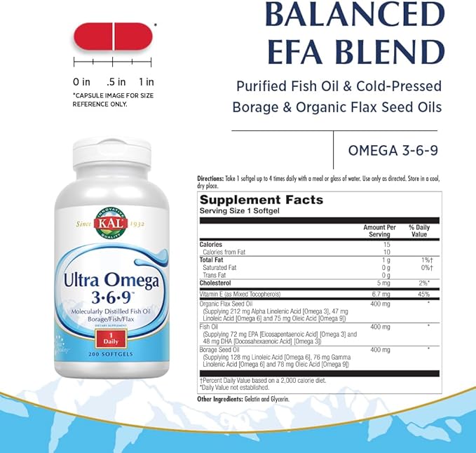 KAL Ultra Omega 3-6-9 1200mg | Fish Oil w/Cold Pressed Flaxseed & Borage Oil | Skin, Hair, Heart, Memory | 200 Softgels