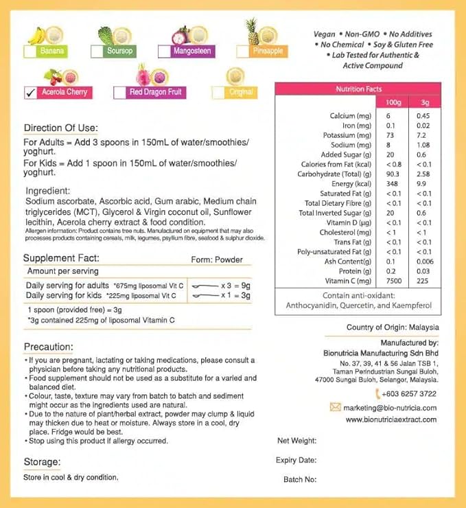 Bionutricia Liposomal Vitamin C with Acerola Cherry Extract Powder (Water Soluble) Immune & Collagen Support, Two-Stage for High Absorption & Antioxidant, No Sugar & Non GMO 5.29Ounce