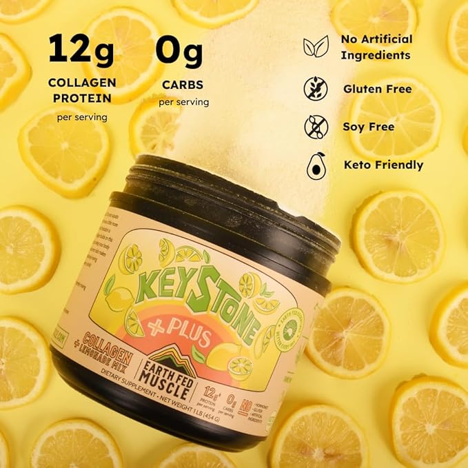 Earth Fed Muscle Keystone Plus Lemonade Collagen - Hair, Skin, Joints, 33 Servings