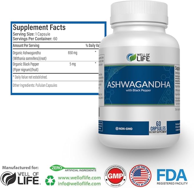 Well of Life: Organic Ashwagandha 650mg + Black Extract 60 Veg Capsules: Enhanced Sleep & Well-Being. Adrenal Health Support. Non-GMO, GMP Certified. Made in USA.
