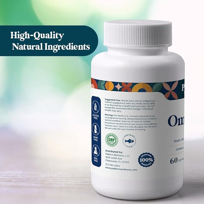 Pattern Wellness Omega 3 Softgels - Pure Fish Oil Formula - Brain, Heart, & Joint Support - 3rd Party Lab Tested - Non-GMO, Dairy-Free, Gluten-Free