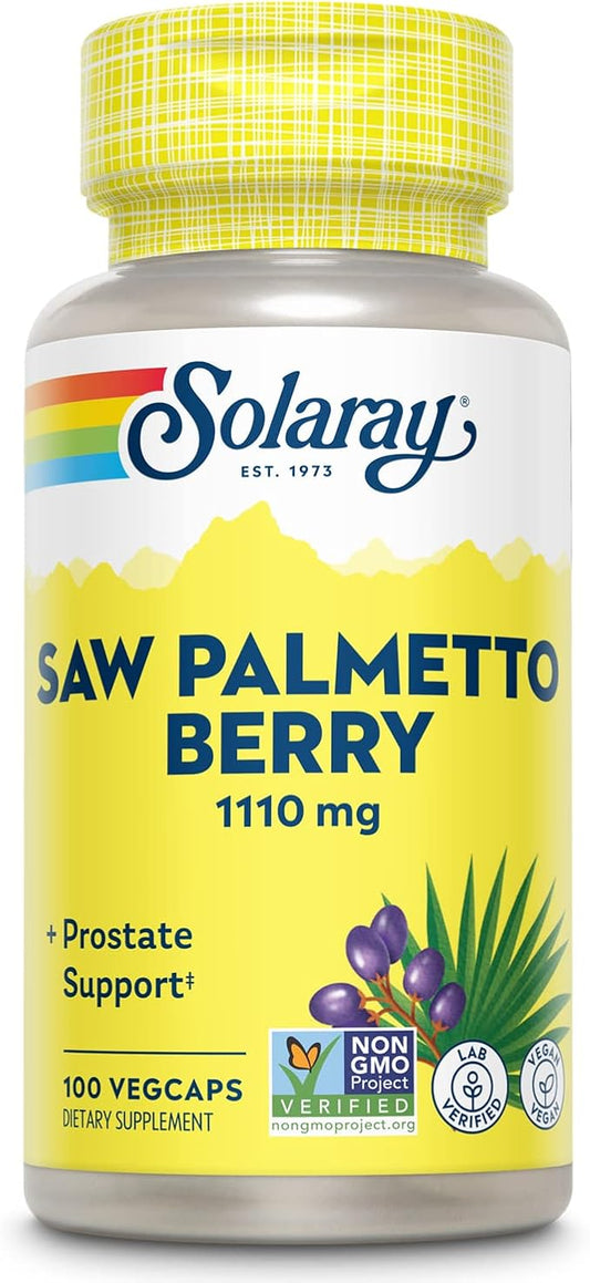 SOLARAY Saw Palmetto Berry 1110 mg, Organic Saw Palmetto for Men, Healthy Prostate Support from Fatty Acids & Plant Sterols, Non-GMO, Vegan & Lab Verified, 60-Day Guarantee, 50 Servings, 100 VegCaps