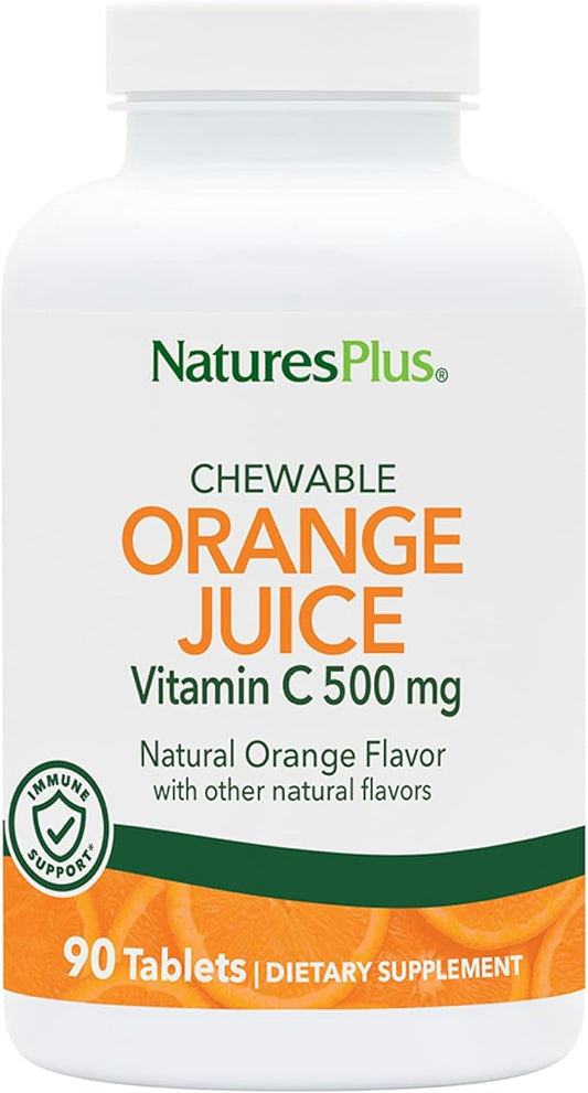 Natures Plus Orange Juice Chewable Vitamin C - 500 mg, 90 Tablets - High Potency Immune & Vascular Health Support Supplement, Antioxidant - Gentle On Stomach - Vegetarian, Gluten-Free - 90 Servings