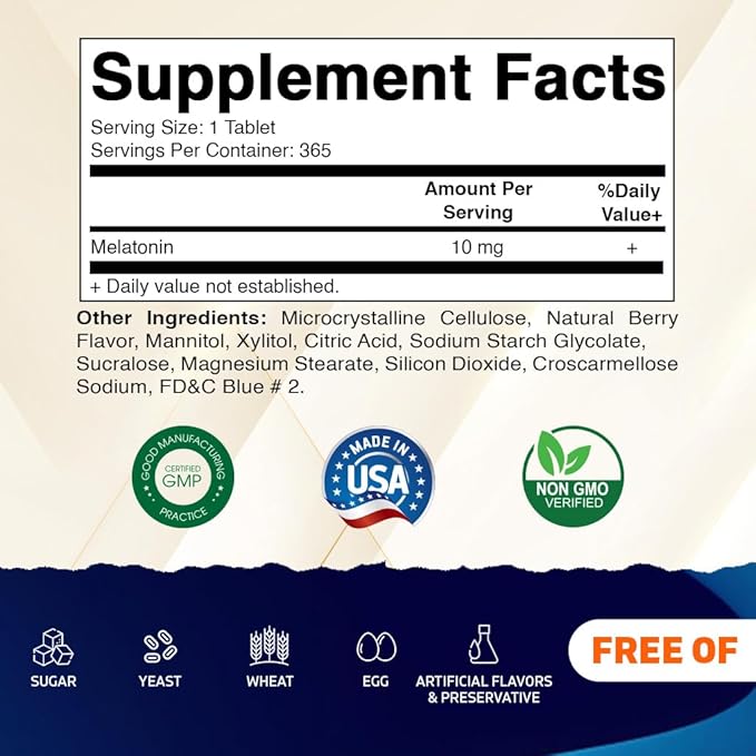 Vitamatic Melatonin 10 mg Tablets | Vegetarian, Non-GMO, Gluten-Free | 1-Year Supply | Natural Berry Flavor - 365 Tablets