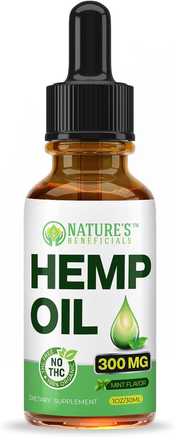 NATURE'S BENEFICIALS Organic Hemp Oil Extract Drops, 300mg - Omega Fatty Acids 3 6 9, Non-GMO Ultra-Pure CO2 Extracted
