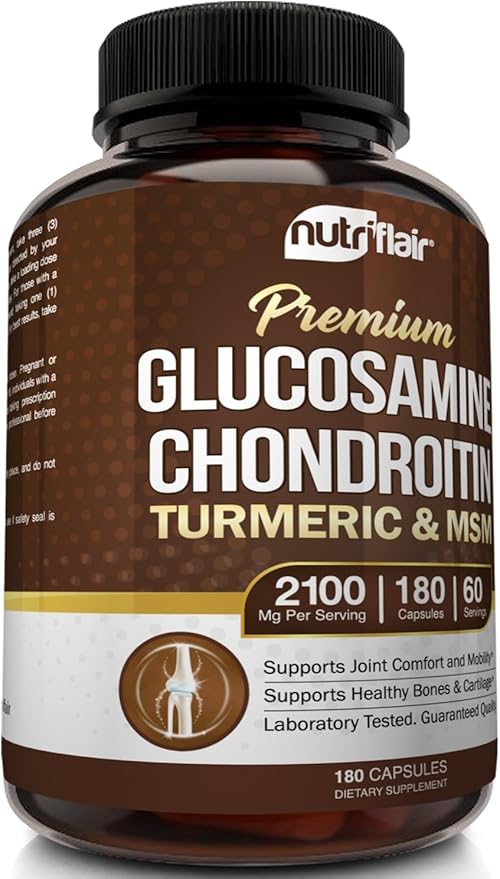 NutriFlair Glucosamine Chondroitin Turmeric MSM Boswellia, 180 Capsules - Joint Comfort Supplement - Natural & Non-GMO - Antioxidant Pills - Supports Back, Knees, Hands, Joints, Cartilage