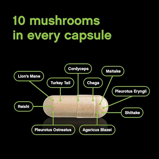 Mushroom Complex Supplement | 60 Organic Capsules | 10-in-1 Blend | with Lion’s Mane, Chaga, Turkey Tail, Cordyceps, Maitake, Shiitake, Reishi, & More | Grown in a Certified US Facility