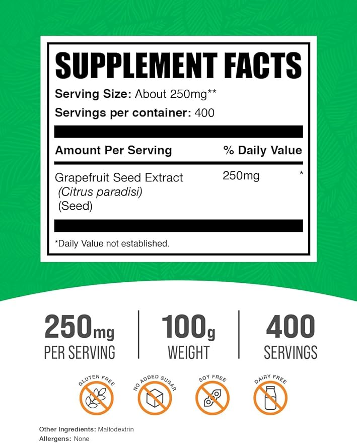 BulkSupplements.com Grapefruit Seed Extract Powder - Grapefruit Seed Supplements, Antioxidant Source - Herbal Supplement, Gluten Free, 250mg per Serving, 100g (3.5 oz) (Pack of 1)