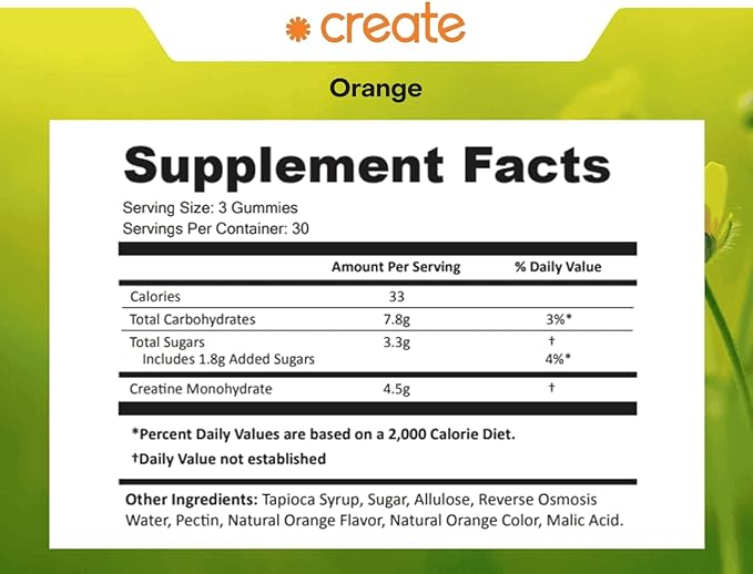 Create Creatine Monohydrate Gummies for Men & Women, Boost Focus, Strength, and Endurance, Anti-Melting Formula, Vegan, Gluten-Free, Non-GMO, 1.5g of Creatine per Gummy (Orange, 90 ct)
